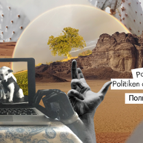 Grafika utrzymana w szaro-brązowych kolorach to kolaż złożony z warstw. Na pierwszym planie widoczna jest ręka bez dłoni, obok niej na stoliku stoi komputer z czaro-białym obrazem dwóch piesków, dalej widać protezę oraz otwartą dłoń wyprężoną do góry. Po prawej stronie kadru umieszczone zostały tytuły w trzech wersjach językowych. W tle jest pustynia, z której wyrastają skały i nienaturalnych rozmiarów kaktusy. Pomiędzy skałami i kaktusami wyrasta drzewo, nad którym rozpostarta jest tęcza