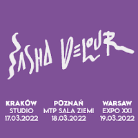 Na fioletowym tle napis "Sasha Velour" oraz miejsce i data występów w Polsce.