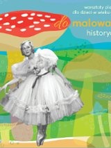 Baletnica w sukni, w tle rysunki grzybów.