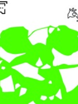 Grafika składa się z białego tła oraz jasnozielonych, nasyconych form. Całość przypomina wycinankę o nieokreślonych kształtach.