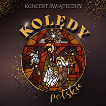 Napis "Kolędy"' a pod nim witraż ze sceną biblijną.
