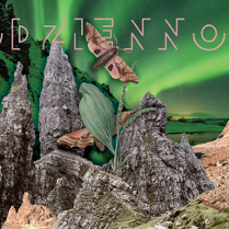 Kolorowy baner z ćmą, głazami, gwieździstym niebem.