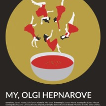 Baner z nazwą spektaklu. Na brązowym kole nad białą miską z czerwoną zawartością pięć kobiecych postaci w czerwonych sukienkach.