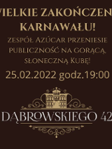 Baner z informacjami o miejscu i czasie wydarzenia. Zdjęcia członków zespołu.