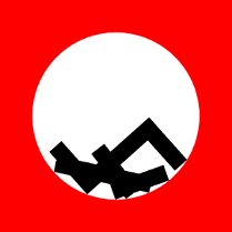 Na czerwonym tle białe koło a w nim czarne elementy.