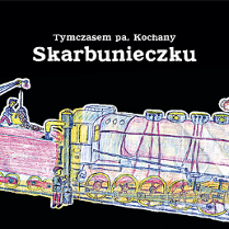 Lokomotywa namalowana kolorowymi kredkami. Powyżej nazwa wydarzenia.