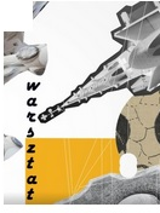 Biało-żółta grafika, na której widoczne są wybrane projekty i prace autorstwa Antoniego Gaudíego. To głównie elementy projektów architektonicznych. Po lewej stronie dostrzec można czarny pionowy napis: warsztat.