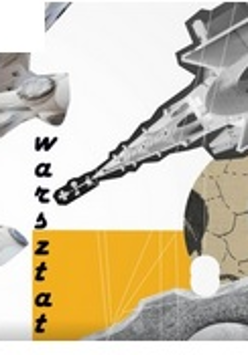 Biało-żółta grafika, na której widoczne są wybrane projekty i prace autorstwa Antoniego Gaudíego. To głównie elementy projektów architektonicznych. Po lewej stronie dostrzec można czarny pionowy napis: warsztat.