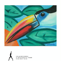 Jedna z prac artystki i informacje o wystawie.