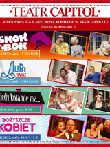 Zdjęcia aktorów występujących w spektaklu i nazwa wydarzenia.
