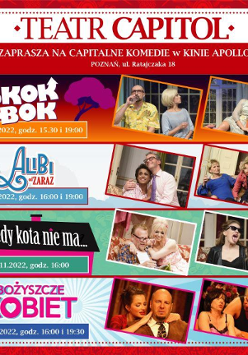 Zdjęcia aktorów występujących w spektaklu i nazwa wydarzenia.