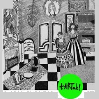 Czarno-biała ilustracja przedstawiająca bogato zdobiony, umeblowany pokój oraz dwie postaci. W dolnej części okrągłe zielono-czarne logo pracowni.
