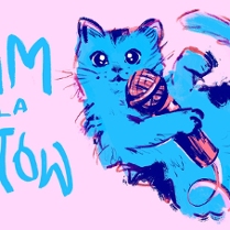 Baner promujący wydarzenie. NA różowym tle niebieski kotek trzymający czerwono-granatowy mikrofon, a obok niego również niebieski napis "slam dla kotów".