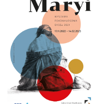 Nazwa wystawy i ramy czasowe. Obok szkic kobiety siedzącej tyłem na ziemi. Na wszystkim cztery koła w kolorze rużowym, niebieskim, czerwonym i musztardowym.