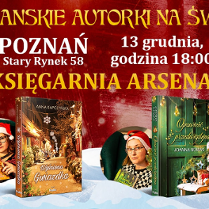 Baner promujący wydarzenie. Zdjęcia autorek i ich książek na biało czerwonym świątecznym tle. Powyżej informacje o nazwie, miejscu i dacie wydarzenia.