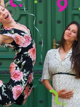 Baner promujący wydarzenie. Nazwa wydarzenia. Dwie kobiety, jedna w ciąży z balonem w ręce, druga skacze. Ogólna radość.