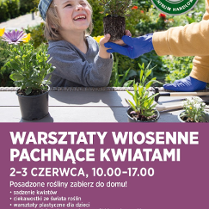 Baner promujący wydarzenie. Nazwa wydarzenia i data. Zdjęcie radosnego dziecka sadzącego roślinkę.