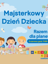 Baner promujący wydarzenie. Nazwa wydarzenia i data. Rysunek trójki radosnych dzieci w trakcie warsztatów.