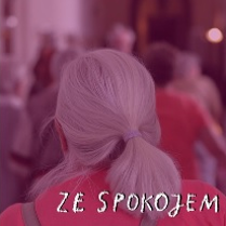 Zdjęcie grupy osób w jednym z zamkowych korytarzy. Na pierwszym planie siwowłosa kobieta odwrócona plecami do obiektywu. W tle nieostre sylwetki pozostałych zwiedzających. Przez okna umieszczone po prawej stronie korytarza wpada dzienne światło. Na zdjęcie nałożono filtr w kolorze różowym. W prawym dolnym rogu biały odręczny napis "ZE SPOKOJEM".