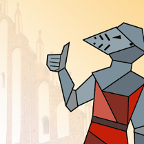 Rysunek rycerza w pełnej zbroi pokazującego gest ok. W tle półprzeźroczyćie widać fragment kościoła. Całość na różnożółtym tle.