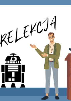 Baner promujący wydarzenie. Nazwa wydarzenia. Rysunek: obok drewnianej mównicy stoi prelegent, a obok niego R2D2.