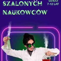 Baner promujący wydarzenie. Nazwa wydarzenia. Na fioletowym tle kobieta naukowiec/laborantka w białym kitlu i zielonych goglach. W rękach trzyma dwie zlewki z zielonym i czerwonym płynem.