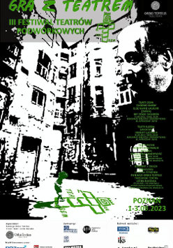 Baner promujący wydarzenie. Nazwa wydarzenia i data. W tle linoryt z dziedzińcem kamienicy i twarzą Lecha Raczaka.