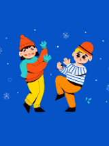 Baner promujący wydarzenie. Nazwa wydarzenia i data. Dwoje bawiących się dzieci - rysunek.