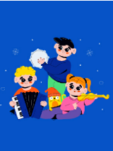 Baner promujący wydarzenie. Nazwa wydarzenia i data. Troje dzieci grających na instrumentach: harmoni, skrzypcach i tamburynie, maskotka - rysunek.