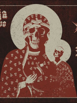 Obraz stylizowany na matkę boską z dzieciątkiem, zamiast twarzy mają czaszki.