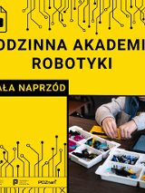 Na żółtym tle czarny napis z nazwa wydarzenia. Prawy dolny narożnik to zdjęcie rąk dziecka składającego klocki i dwie kuwety z klockami.