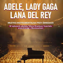 Baner promujący wydarzenie. Nazwa wydarzenia. W tle fortepian i świece.