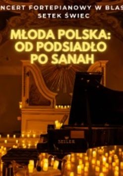 Baner promujący wydarzenie. Nazwa wydarzenia. W tle fortepian i świece.