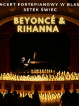 Baner promujący wydarzenie. Nazwa wydarzenia. W tle fortepian i świece.