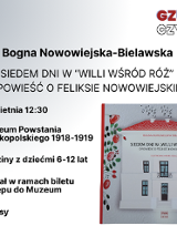 Baner promujący wydarzenie. Nazwa wydarzenia i data. Zdjęcie okładki książki.