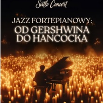 Baner promujący wydarzenie. Nazwa wydarzenia. W tle fortepian i świece.