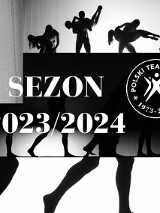 Czarno-biała grafika z logo Polskiego Teatru Tańca i napisem "Sezon 2023/2024". W tle sylwetki tańczących postaci.