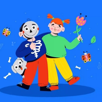 Kolorowy rysunek, na którym jest dwójka obejmujących się ramieniem dzieci; dziewczynka trzyma w ręce kwiat, chłopiec trzyma w ręce maskę z uśmiechniętą buzią, którą przykłada do twarzy.