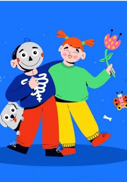 Kolorowy rysunek, na którym jest dwójka obejmujących się ramieniem dzieci; dziewczynka trzyma w ręce kwiat, chłopiec trzyma w ręce maskę z uśmiechniętą buzią, którą przykłada do twarzy.