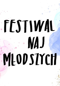 Czarne napisy na białym tle z różowymi i niebieskimi "plamami" i złotym brokatem.