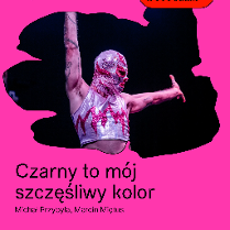 Plakat spektaklu. Różowe tło. W centralnej części na czarnym tle mężczyzna w brokatowej masce i kostiumie. Szczegółowe informacje w treści artykułu.