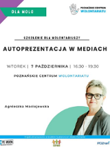 Zdjęcie kobiety w prawym dolnym rogu. Napisy na białym tle. Szczegółowe informacje na temat wydarzenia w treści artykułu.
