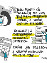 Na grafice rożne hasła związane z podatkami: Podatki? Aaaa! CIT, VAT, PIT CIT, PCC. Jeśli podatki cię przerażają, nie wiesz jaką formę opodatkowania wybrać, z jakich odliczeń korzystać... Skorzystaj z bezpłatnego doradztwa ekspertów. Online lub telefonicznie z naszymi ekspertami polubisz podatki!. Hasła okraszone są rysunkowymi obrazkami związanymi z podatkami. W prawym dolnym rogu logotyp Fundacji Edukacji PRawnej.