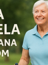 Seniorka na spacerze z kijkami, obok napis Biała niedziela dedykowana seniorom.