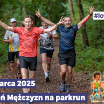 Grupa mężczyzn biegnąca przez las, napisy informujące o wydarzeniu.