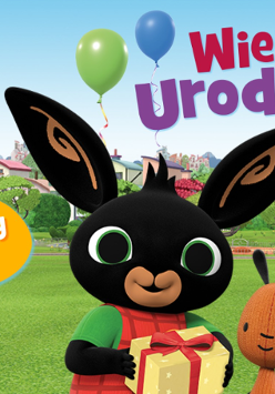 Grafika z czarnym króliczkiem Bingiem i jego przyjacielem misiem. W tle zielona łąka z placem zabaw i domy.