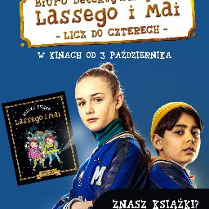 Plakat filmu Biuro Detektywistyczne Lassego i Mai, Licz do czterech. Na plakacie zdjęcie dwójki dzieci i książka wydawnictwa Zakamarki.