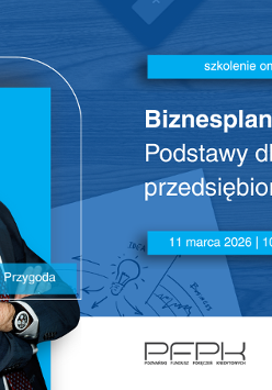 Grafika zapraszająca na szkolenie online Biznesplan - podstawy dla przyszłych przedsiębiorców