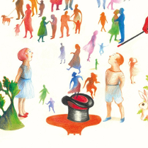 Rysunek dziewczynki i chłopca, którzy stoją przy cylindrze. Z cylinda za pomocą magicznej różdżki wychodzą kolorowe postacie ludzi. Pod spodem czarno-pomarańczowo-zielony napis "Cinema Italia Oggi 2025".