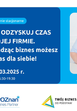 Grafika promująca wydarzenie. Na niebieskim tle zdjęcie kobiety.